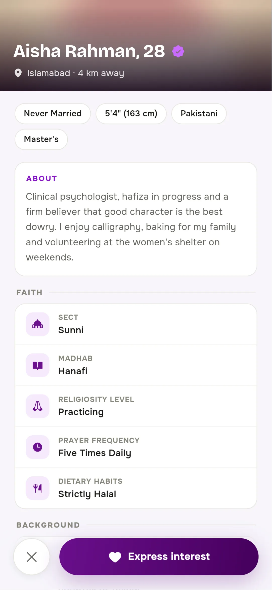 A member’s profile in Spouz, listing their sect, madhab, religiosity and prayer frequency under Faith