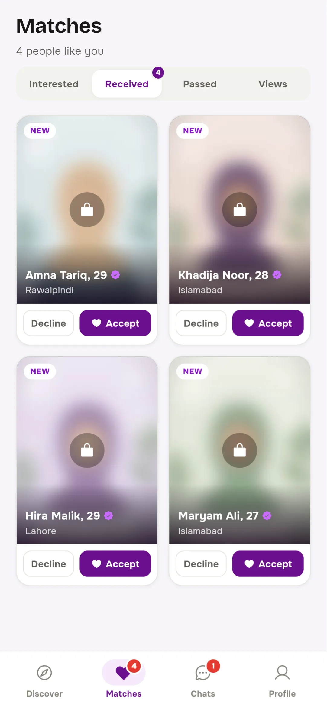 The Matches tab in Spouz, showing four new interests with Accept and Decline buttons
