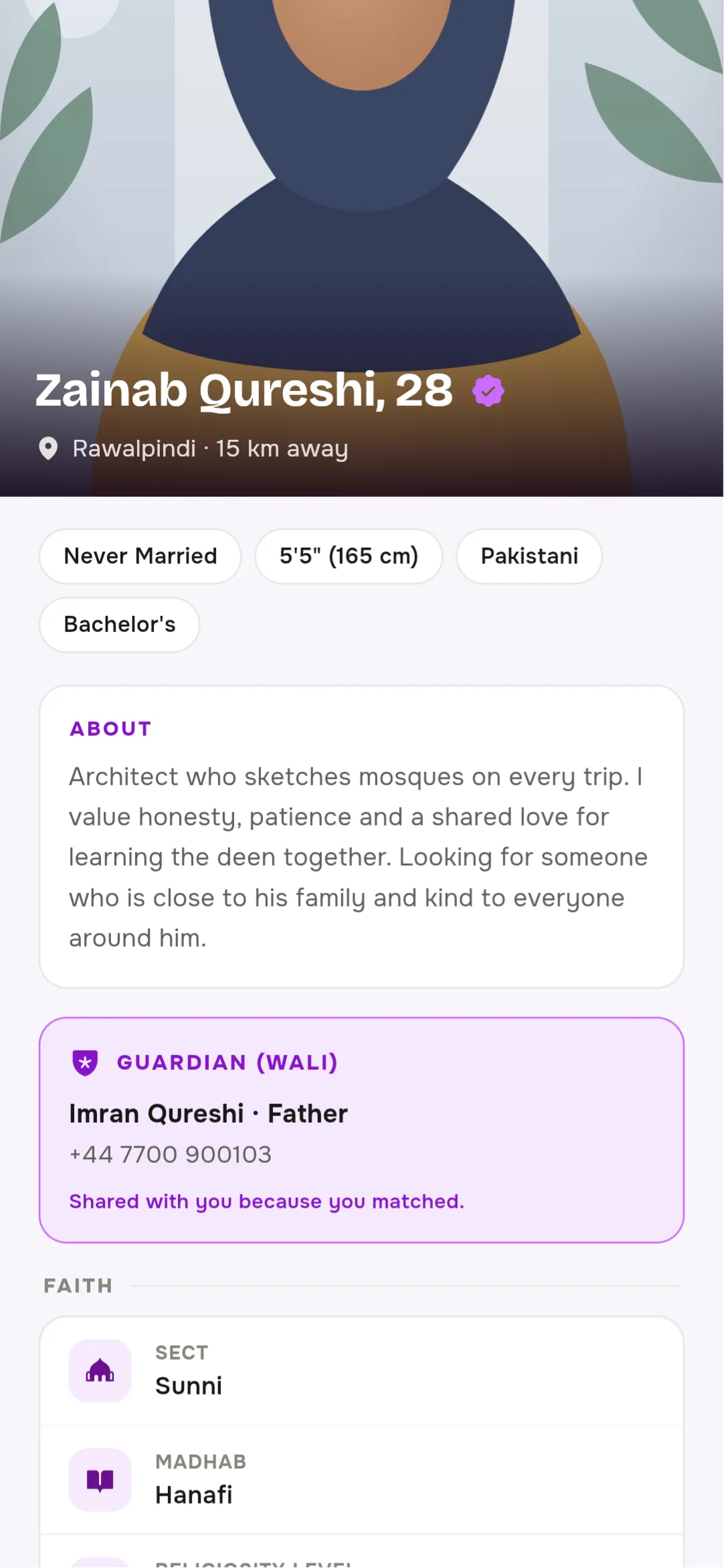 A matched member’s profile showing their guardian’s name, relationship and phone number, shared because you matched